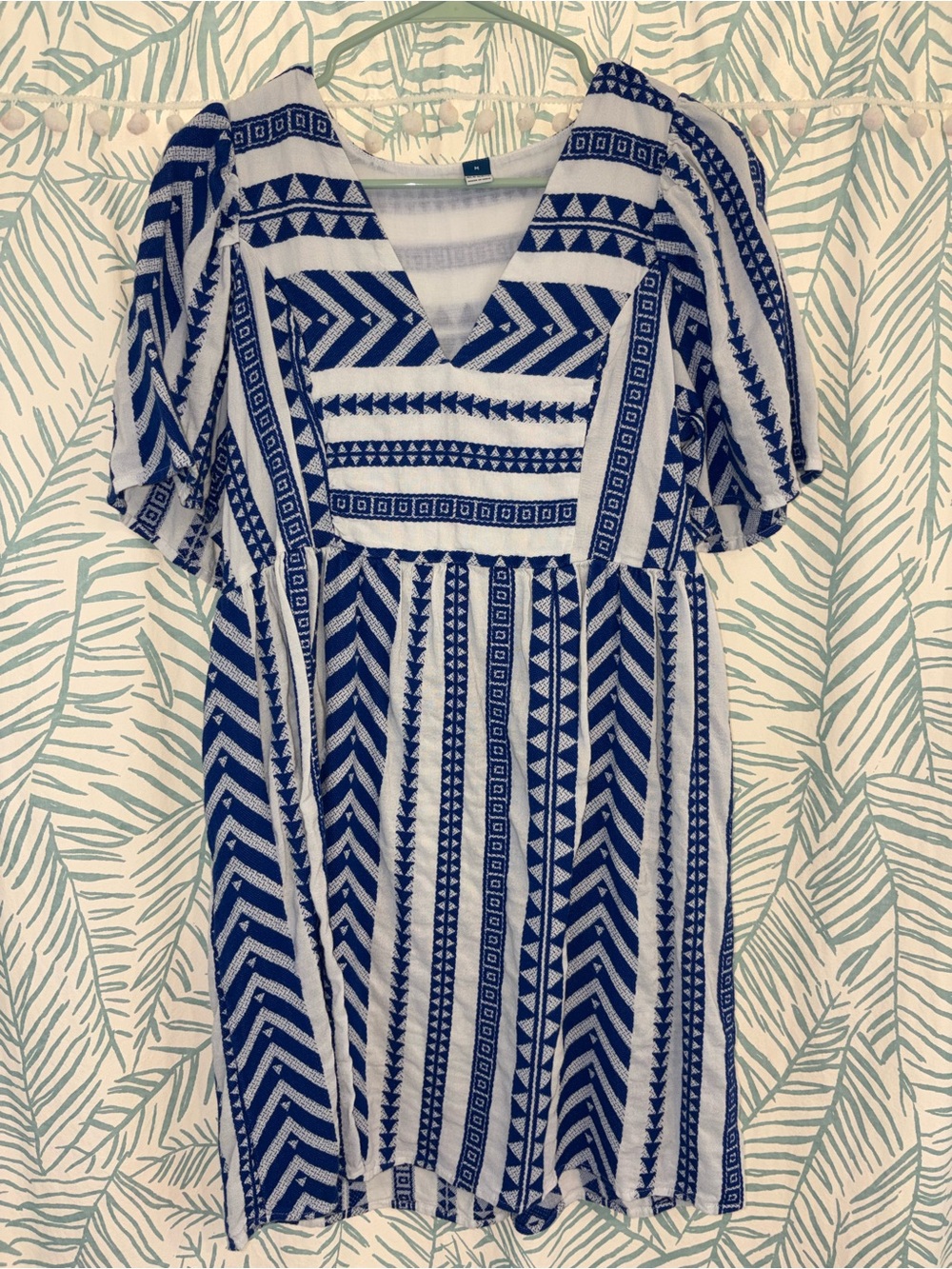 Old Navy Blue and White Geometric V-Neck Mini Dress